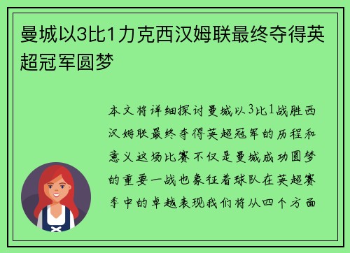 曼城以3比1力克西汉姆联最终夺得英超冠军圆梦 曼城以3比1力克西汉姆联最终夺得英超冠军圆梦